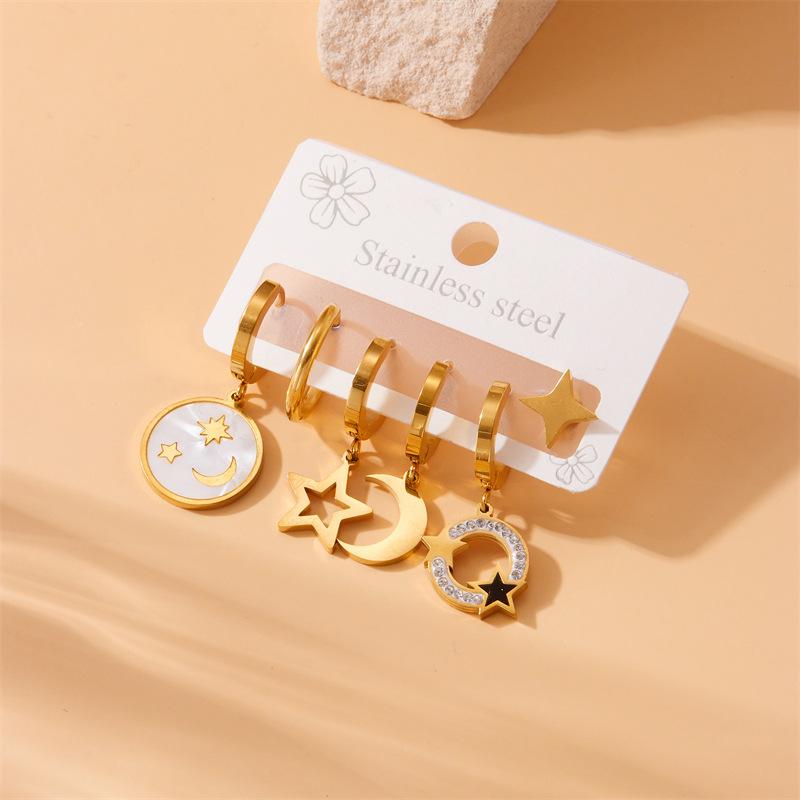 Women Titanium Steel Star Moon Smile Ear Drop Earring Set