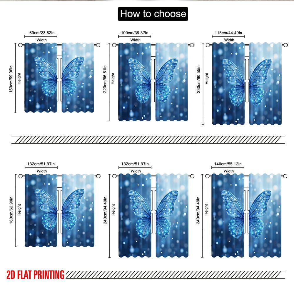 Flat Printing Window Curtains Sparkling Blue Butterfly Jewels Digital Printed Polyester Drapes All Season Party Curtain Set Of 2 Made Washable