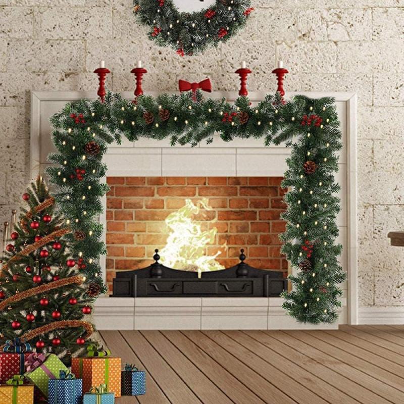 Garland 6ft Christmas Led Light Up Wreaths Red Berry Rattan Xmas Fireplace Decor