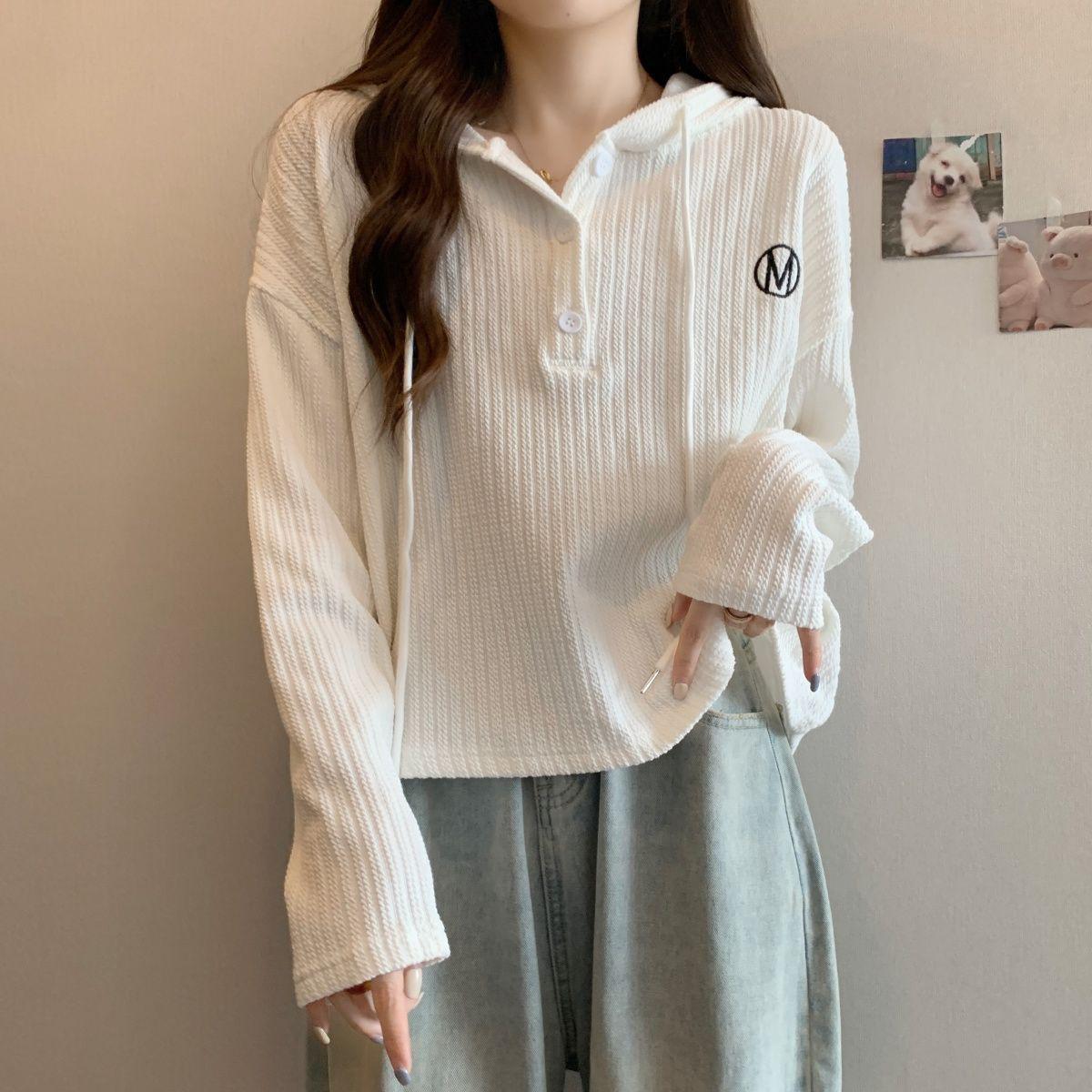 

Plus Size Women s Hooded Button Long Sleeve T-shirt - 2025 Korean Style Slimming Top for Spring/Autumn Medium (M) белый