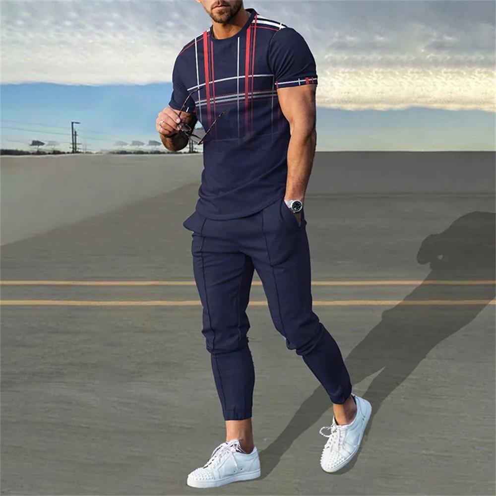 Men's Trousers Tracksuit 2 Piece Set Fashion Casual Sportswear Summer Short Sleeve T Shirt Long Pants Clothing