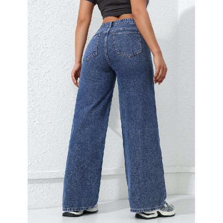 Jeans Women Vintage Wide Leg Pants Denims High Waist Washed Distressed Basics Straight Trousers Streetwear Floor Length