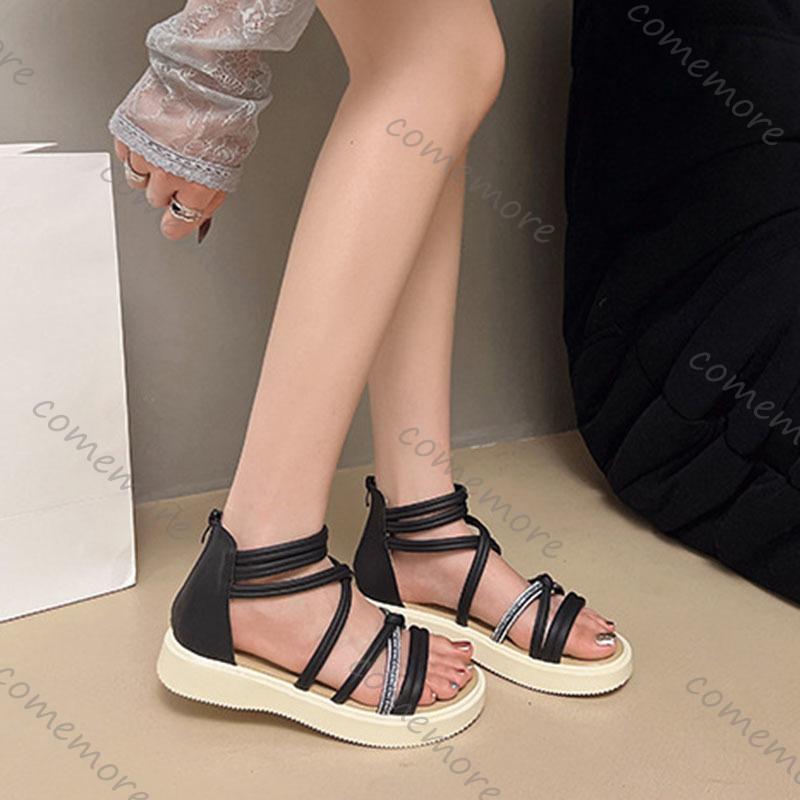 Fashion Comemore Summer New Fashion Rhinestone Flat Bottom Sandals Roman Style Cove Heel Outdoor Sandales Casual Cross Strap Women Shoes