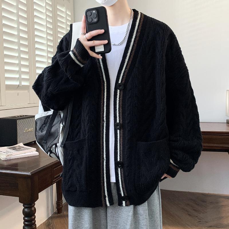 Autumn and Winter College Style Cardigan Sweater Jacket Men's Loose Knitted Threaded Top