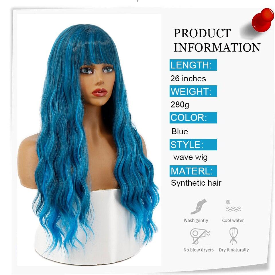 XINRAN Synthetic Long Wig Blue Wave Wig With Bangs Synthetic Heat-resistant Fiber Hair Cosplay Black Female Long Wig Christmas Wig