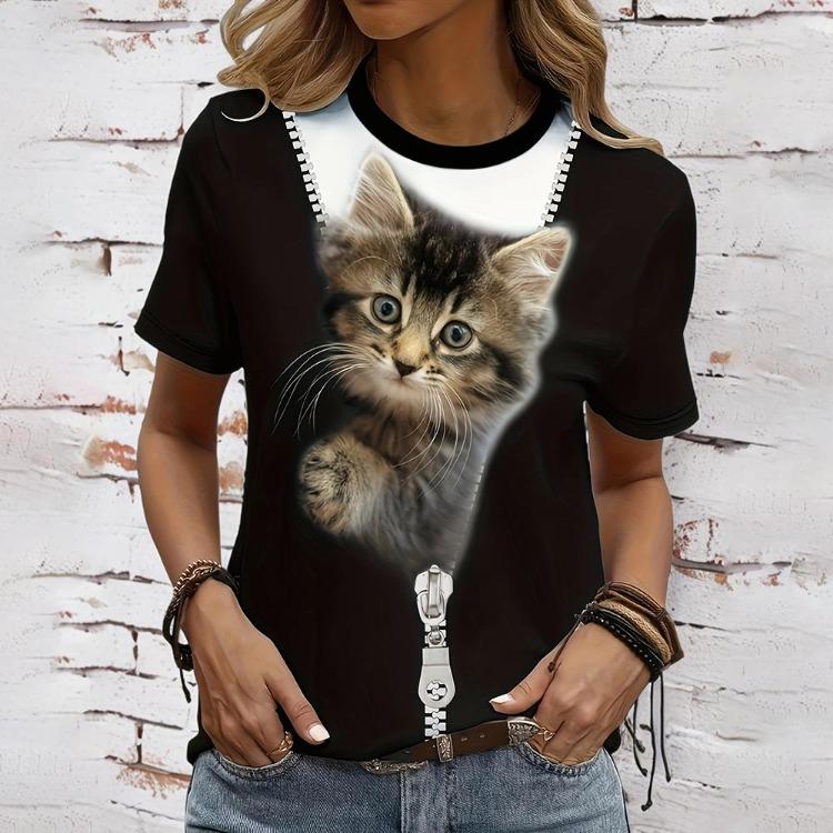 

Women s Casual Short Sleeve Crew Neck Pullover T-Shirt Tops Cute Cat Print Fashion Trend Clothing For Spring Summer S