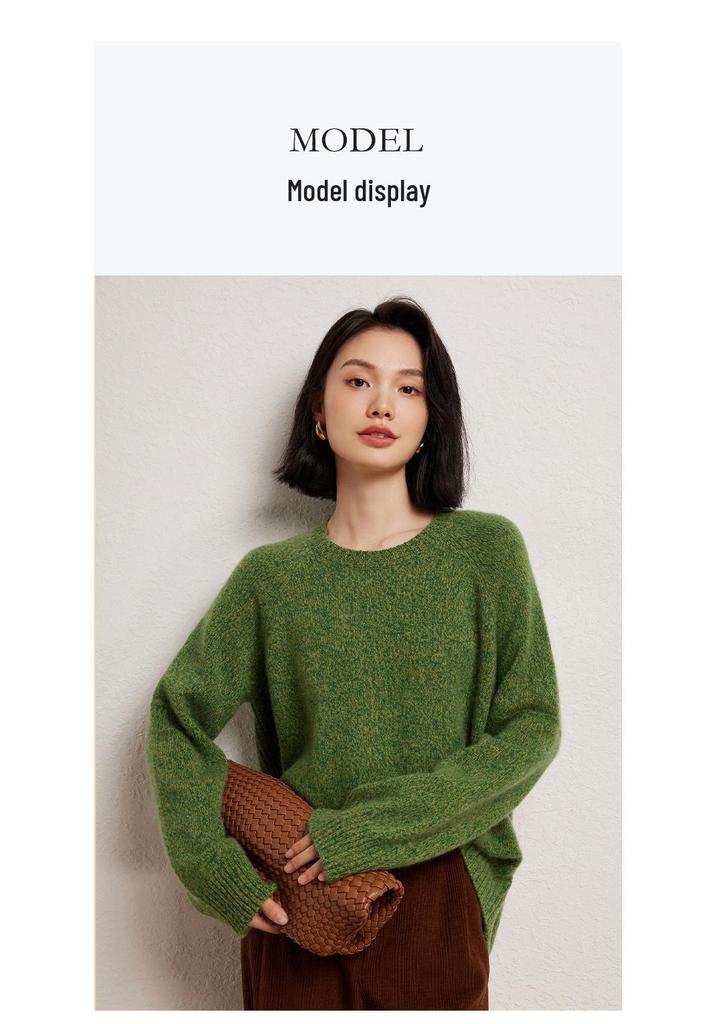 Women's Heavyweight Cashmere Sweater - Round Neck Marled Yarn Knit, Loose Long Sleeve