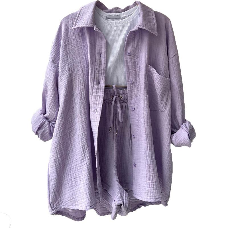 Women's Two-piece Set of Pleated Fabric Lapel Long-sleeved Shirt, High-waisted Drawstring Shorts, Large-sized Fashionable Casual Suit