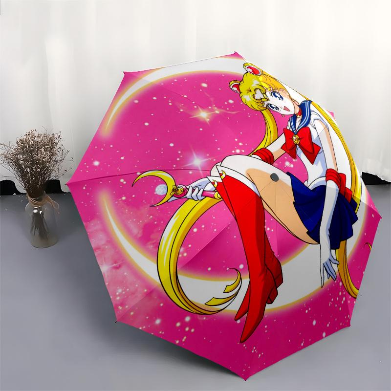 Sailor Moon Crescent Moon Pink Background StickerUmbrella, Portable 3-Fold Compact Umbrella for Men & Women Gift