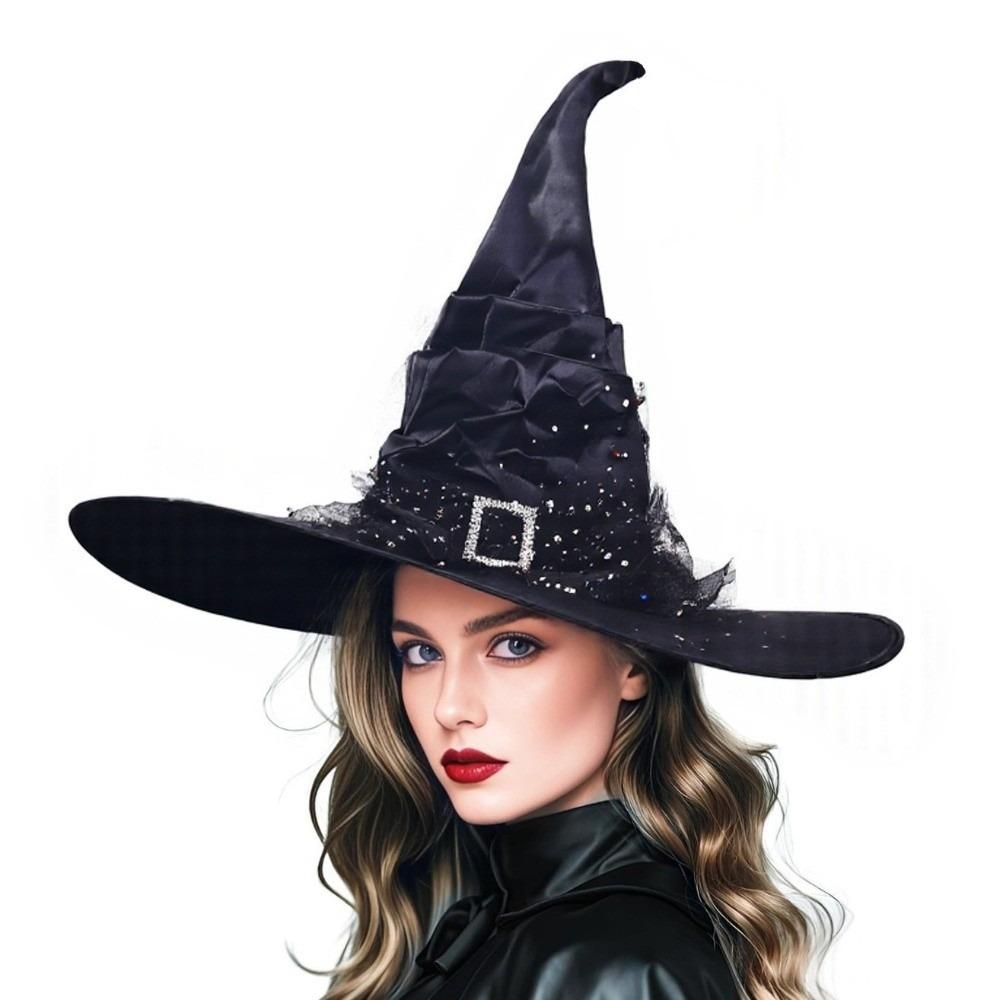 Folds Halloween Witch Hat Satins Wizard Cap Creative Mesh Bow Witch Hat  Performance Props