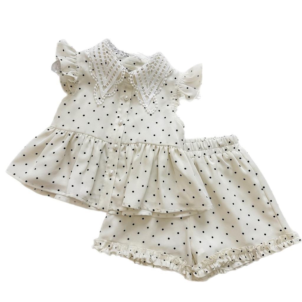 Baby Girl Summer Polka Dot Sleeveless Top And Heart Cutout Bow Shorts Two Piece Set With Lace Trim