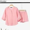ZANZEA Women 3/4 Sleeve Blouse and Shorts Casual Two Piece Suit Set