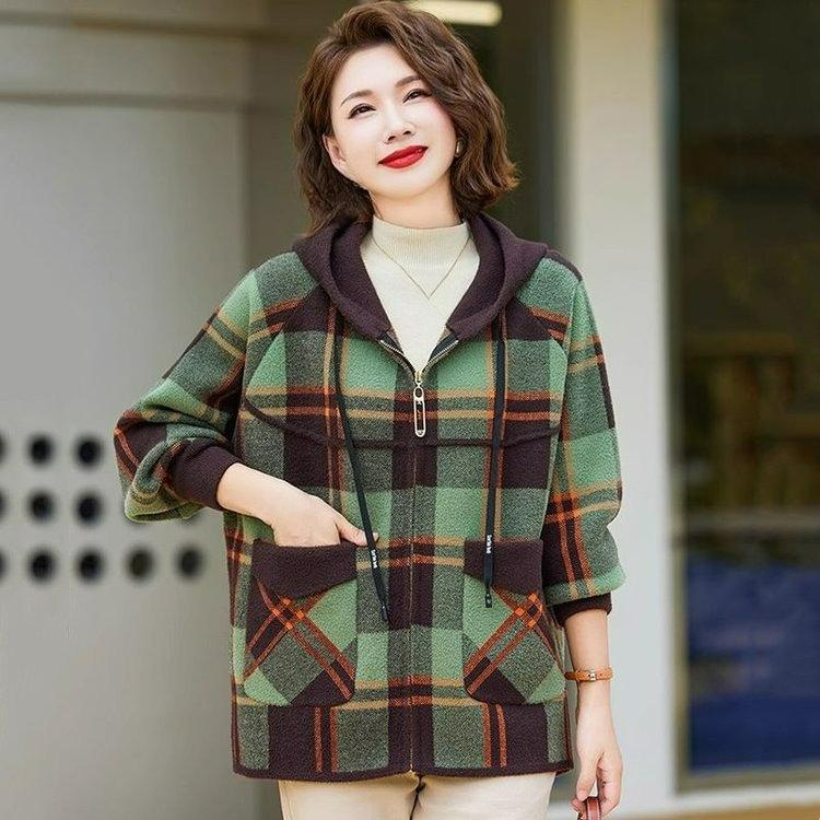 

Autumn Jacket, Western Style Plaid Hooded Top, Spring and Autumn Women s Knitted Cardigan XL зелений