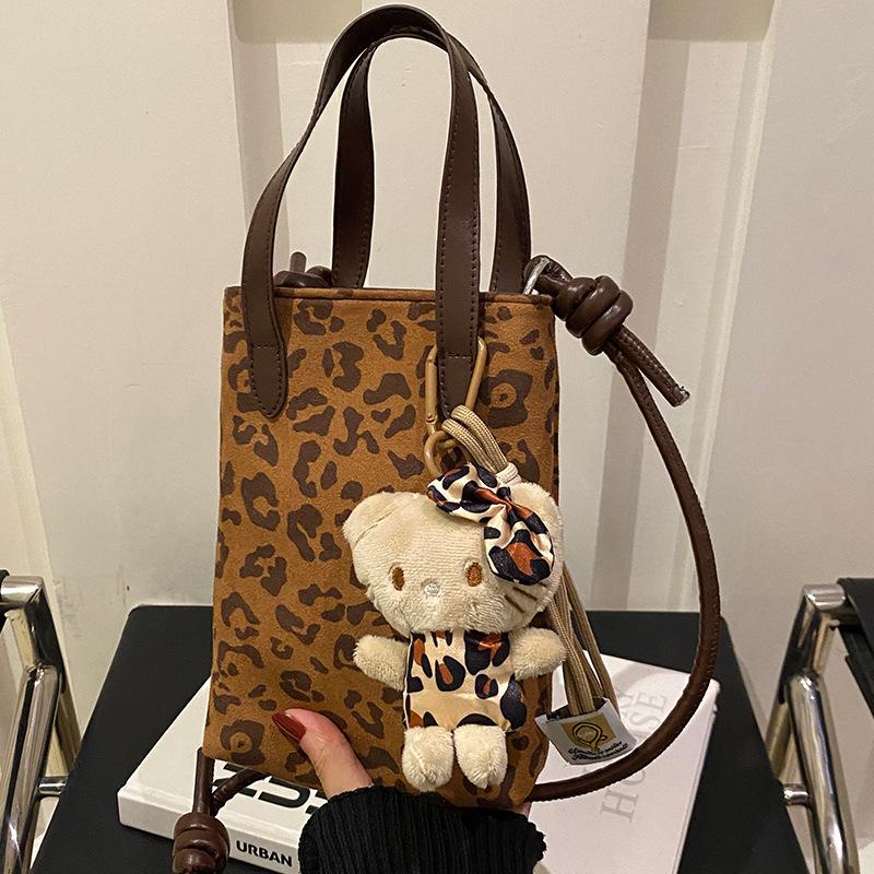 Autumn and Winter Retro Niche Leopard Print Mobile Phone Bag Splicing Contrasting Color Crossbody Bag Suede Shoulder Bag Women