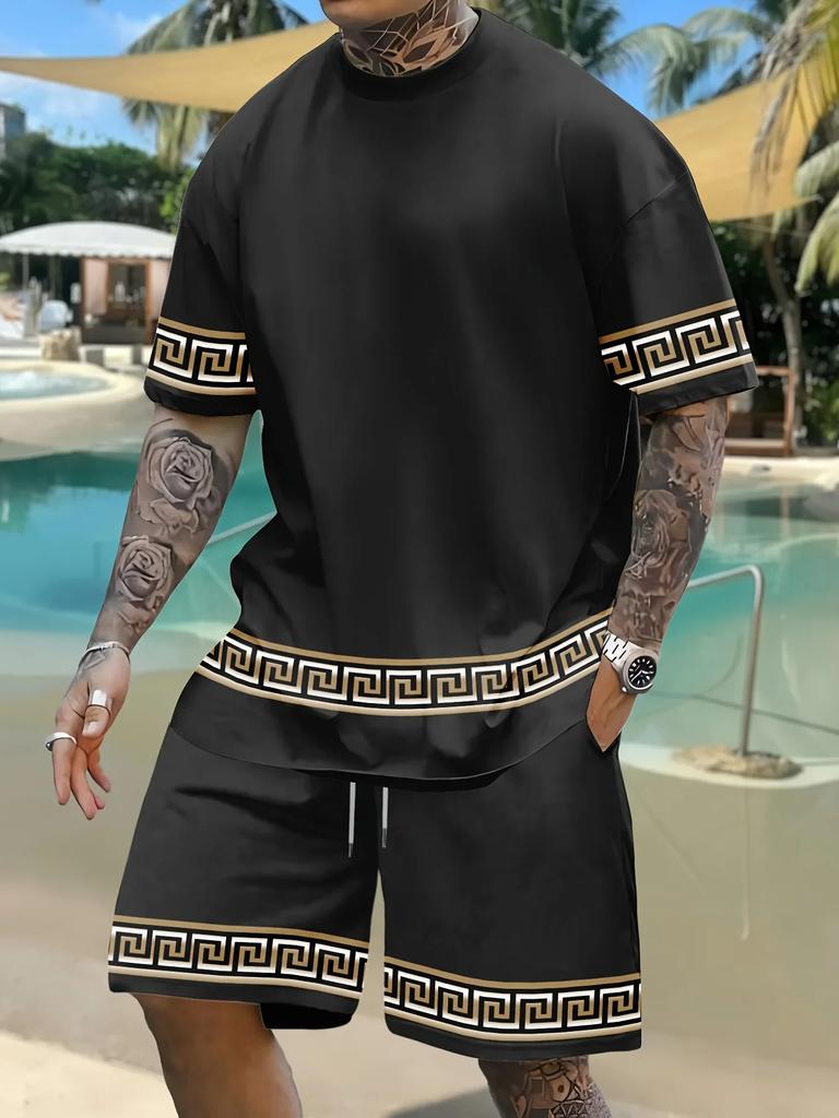 Summer Men's 3D Printed Short Sleeved Shorts Set,Daily Wear, Fashionable Casual Breathable Set