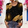 Plus Size Women Long Sleeve Shirt Abstract Glitter Gold Green Swirl Print Crew Neck Casual Loose Pullover Blouse