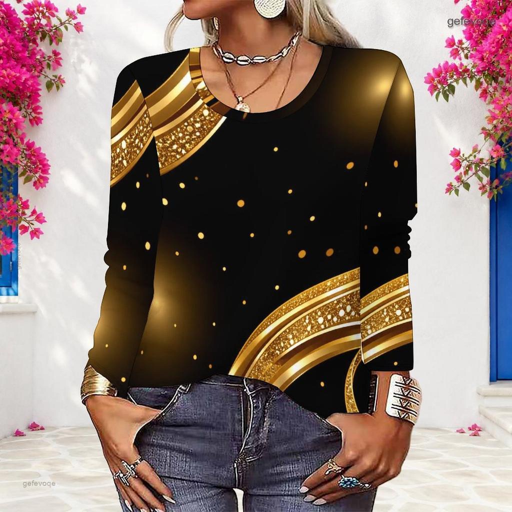 Plus Size Women Long Sleeve Shirt Abstract Glitter Gold Green Swirl Print Crew Neck Casual Loose Pullover Blouse