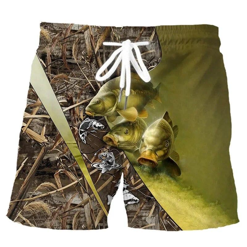 Men's Fishing Shorts Summer 3d Fish Printed Beach Fashion Casual Mens Shorts Men's Comfortable and Breathable Drawstring Shorts