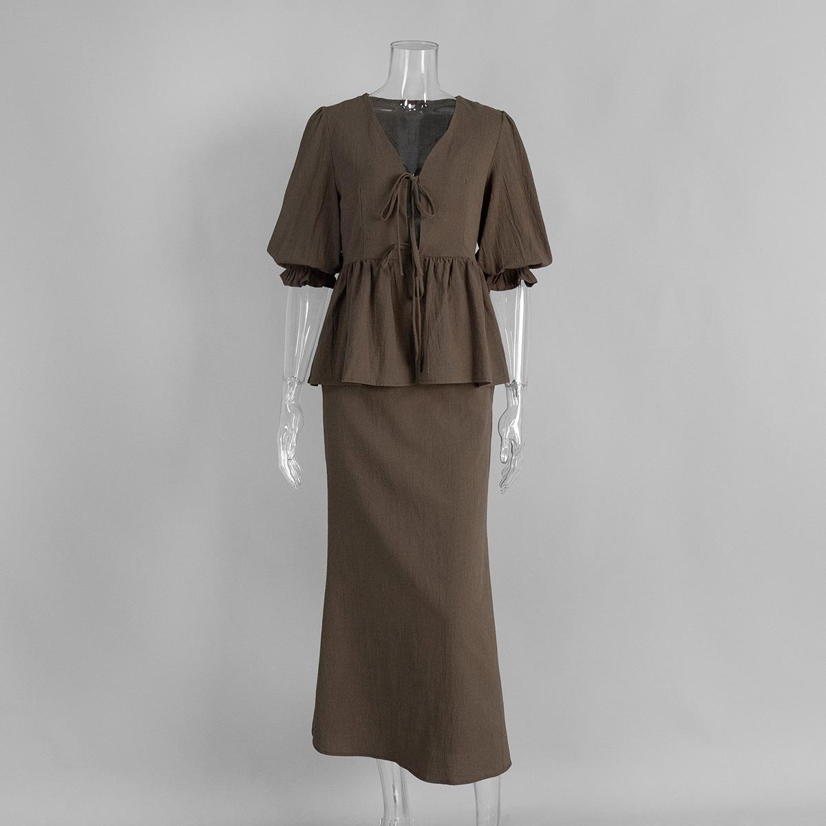 

Женский желтый топ с V-образным вырезом и рукавами-пузырями, с оборками, и подходящий комплект с длинной юбкой L