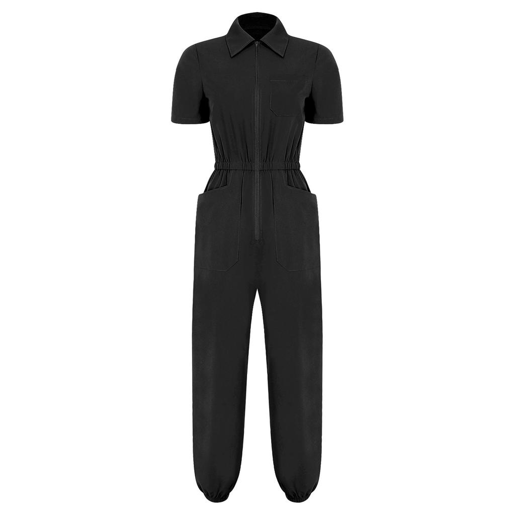 Damen Kurzarm Chirurgenanzug Mehrere Taschen Reißverschluss vorne Elastische Taille Jogginghose Medizinische Uniform