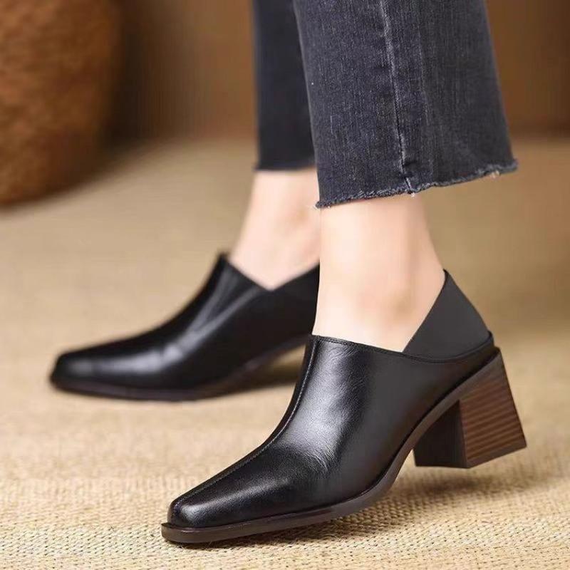 2025 Fashion Genuine Med Chunky Heels Pumps for Women Square Toe Med Heels Deep Mouth Pumps Female Work Shoes