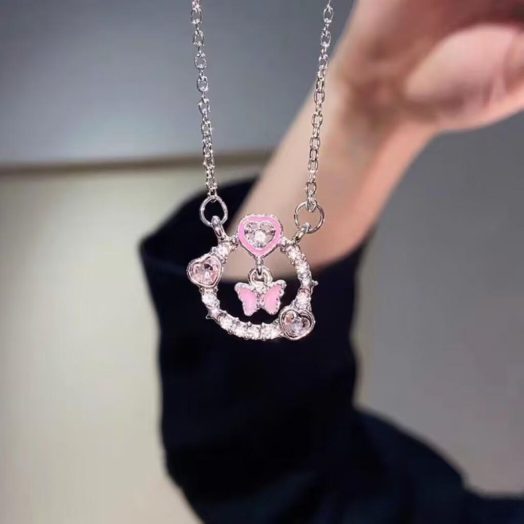 Pink Girl Butterfly Necklace Female Niche Design Sense ins Hip Hop Clavicle Chain Premium Design Sense Necklace