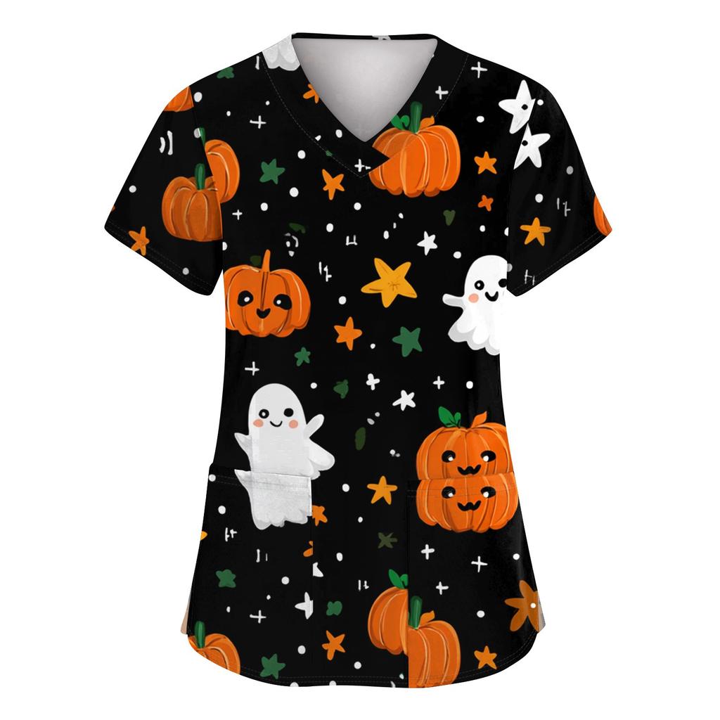 Women's Fashion Short Sleeve Halloween Printed V-Neck Pocket Workwear Tops