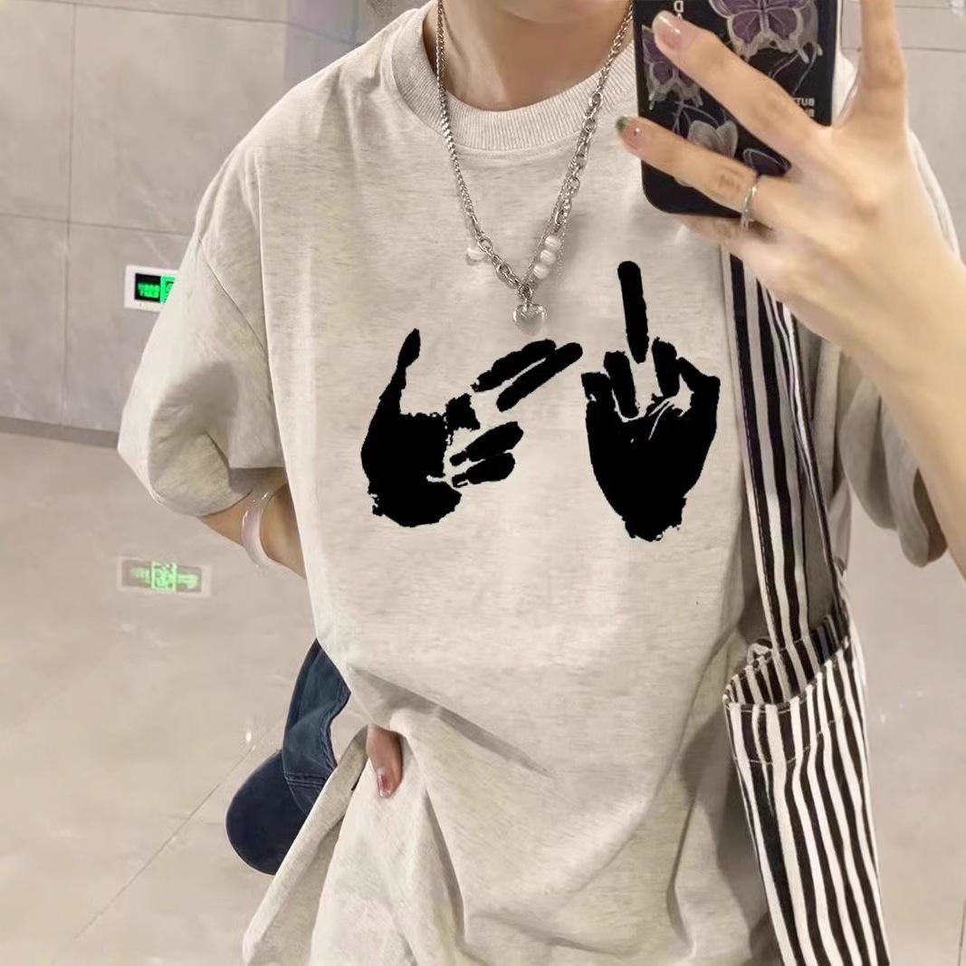 

Женская ретро футболка из плотного хлопка свободного кроя, лето 2025, больших размеров, с короткими рукавами, в модном американском стиле L белый/серый