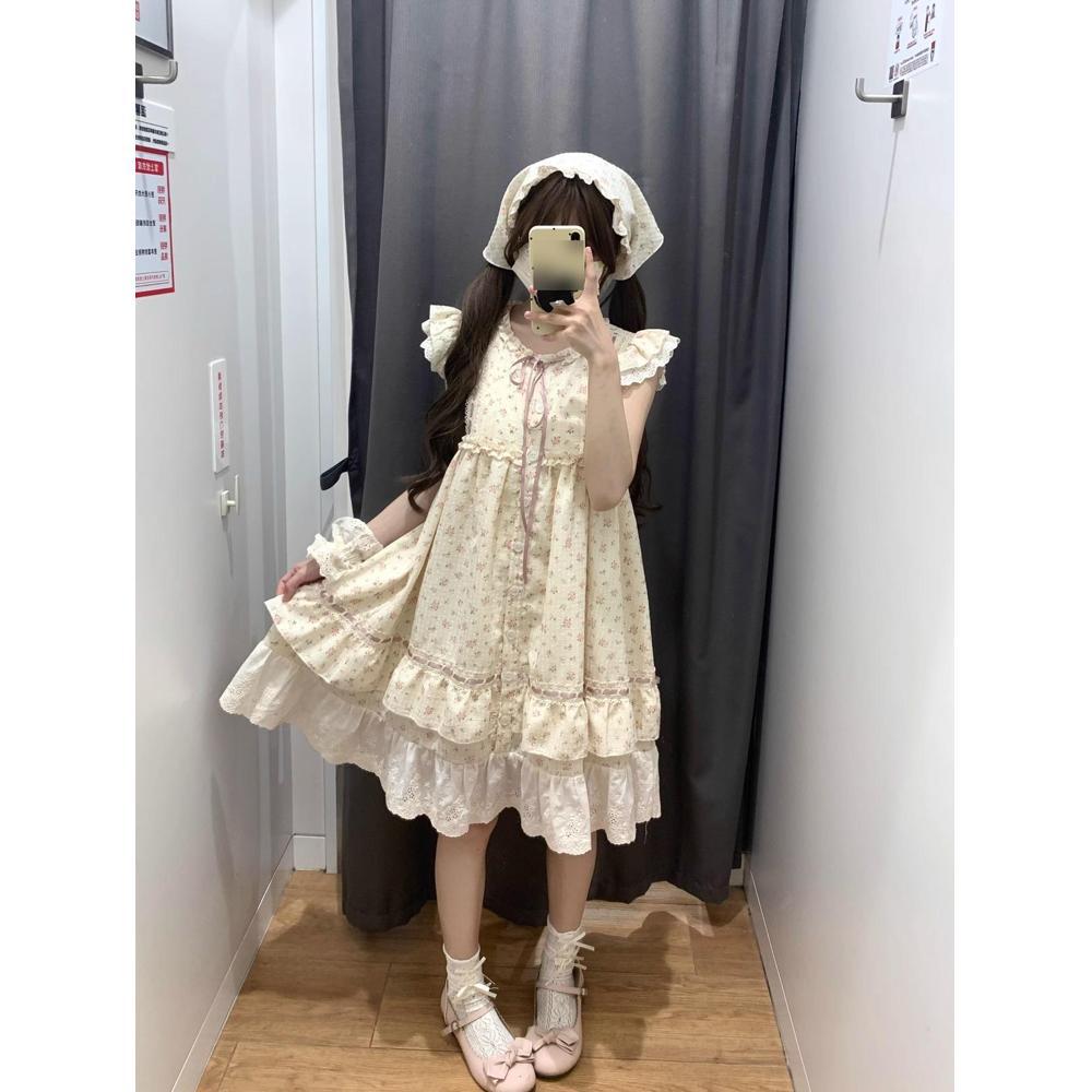 First love ballet style small flying sleeves floral dress female summer sweet small loose and thin fairy cake short skirt
