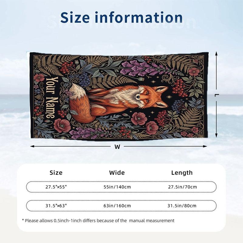 Fox Flowers Poster Theme Quick Dry Beach Towel Custom Name Text Print Large Sand Resistant Towel Beach Vacation