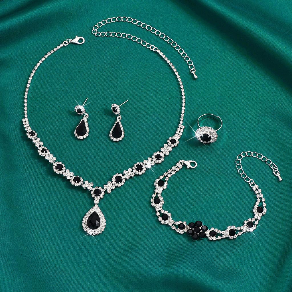 4PCS Copper Color Crystal Drop Necklace Earrings Bracelet Ring Jewelry Set for Women Rhinestone Wedding Party Accessories
