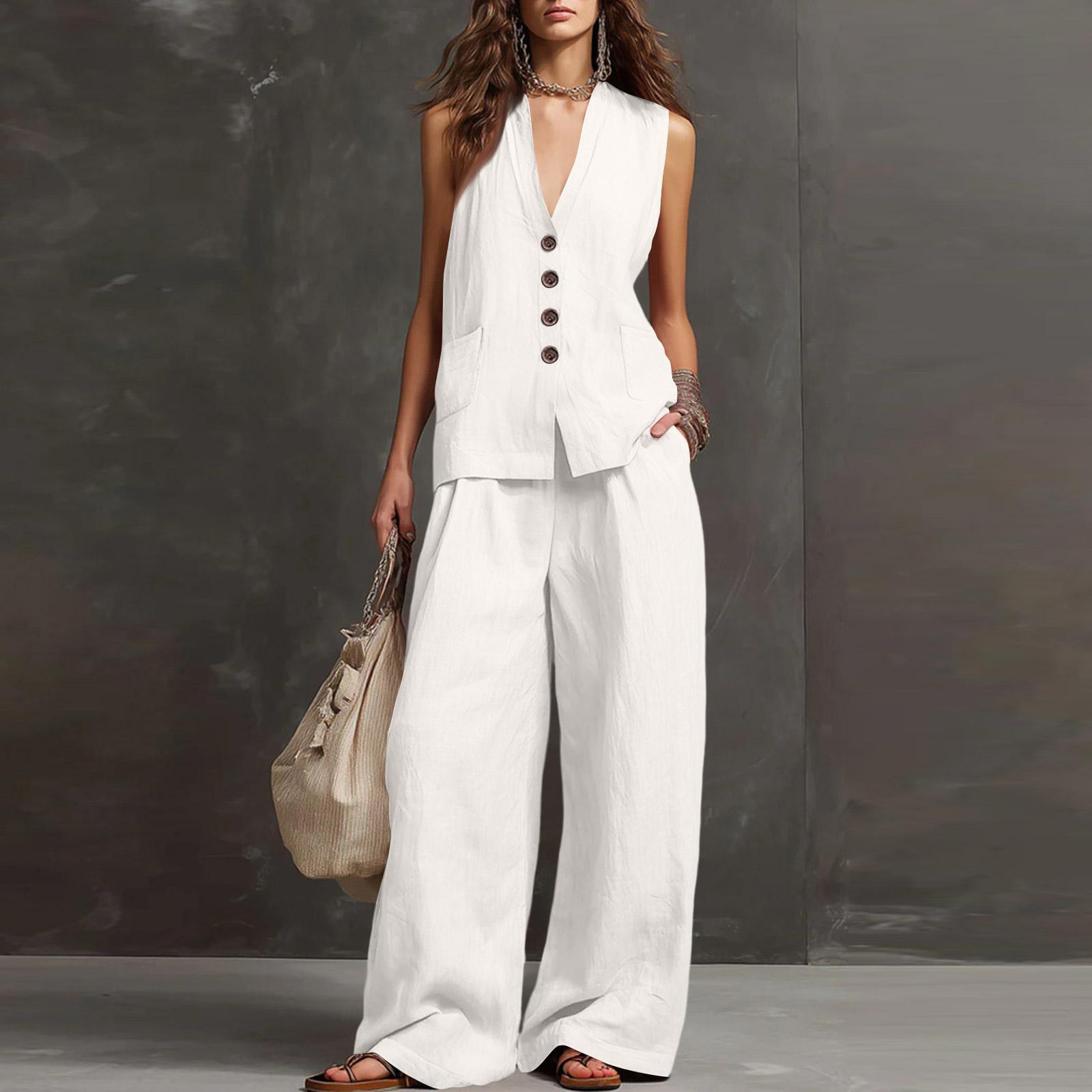

Fashionable And Sexy Women s Spring And Summer Retro Elastic Waist Strap Linen Suit Women s Fashion Color Casual Two-piece Set XL білий