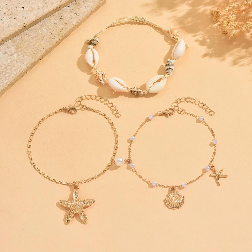 Bohemian Zinc Alloy Shell Waterproof Anklets Gold Plated 3pcs/set Sea Star Shell Conch Foot Chain for Summer Beach Women