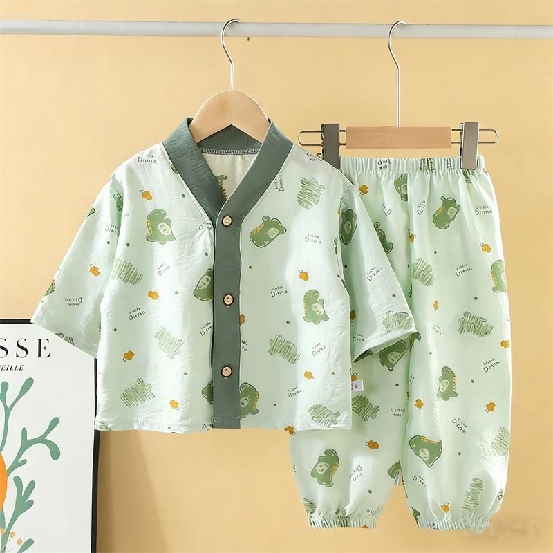 2026 Summer Children Short Sleeve Cardigan Underwear Suits Baby Spring V-Neck Cartoon Thin Pajama Set Home Wear Clothing Suit for Girl Boy