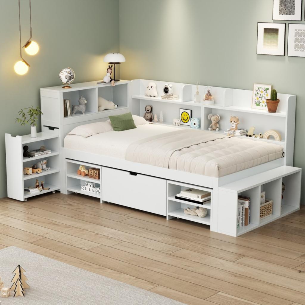 Kinderbett, 90*200 cm, Multifunktional mit Schubladen, Bücherregal und Aufbewahrungsschrank, Großer Stauraum, Lattenrost, ohne Matratze, Weiß