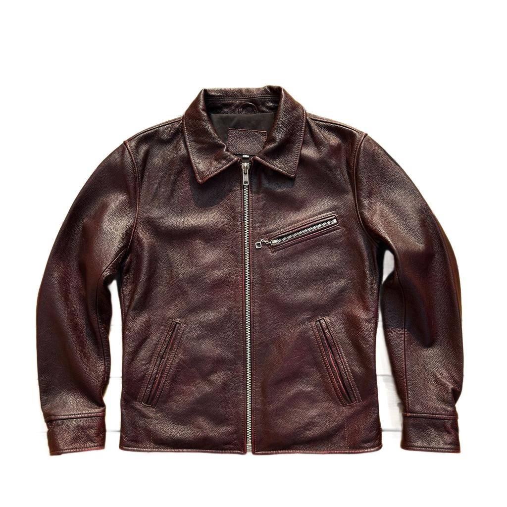 American retro tea heart cowhide heavy washed old leather jacket short tooling locomotive leather jacket men's coat