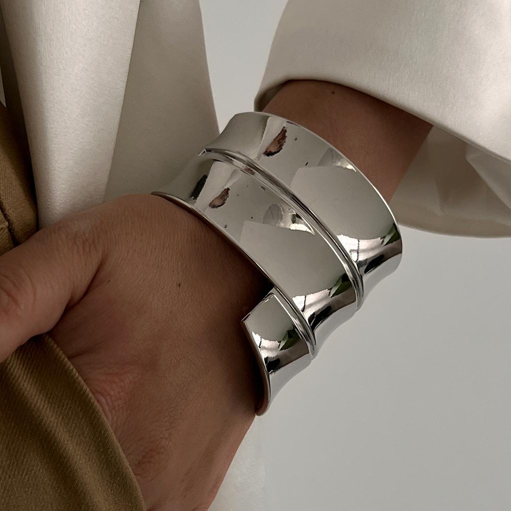 Ingemark Exaggerated Irregular Geometric Metal Chunky Spring Bangles Women Punk Wide Cuff Open Bracelet Unisex Steampunk Jewelry