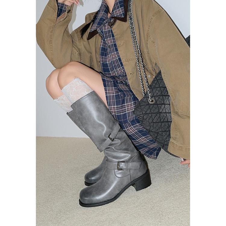 2025 Autumn and Winter Long Legs~! Round Head Thick Heel Thin Knight Boots Belt Buckle Fried Street Wide Tube Boots Women