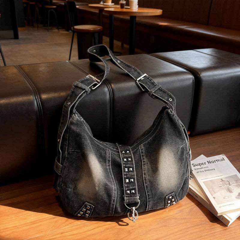 Tragetasche mit großem Fassungsvermögen, Tasche aus gewaschenem Denim, Einzelschultertasche, Pendler-Umhängetasche