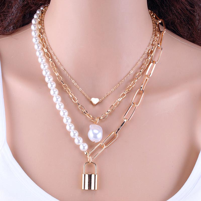 Fashion Chain Pearl Necklace For Women Baroque Pearl Metal Charm Pendant Necklaces Choker Snake Chain Zircon Gold Copper Color