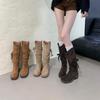 Herbst 2025 Retro Ödland Fransen Ritterstiefel Dicker Absatz aber knielange Stiefel Schlanker Schaft Mittelhohe Stiefel Damen