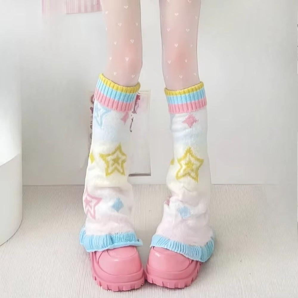 1 paio Scaldamuscoli Colore Caramella Jacquard con Motivo a Stella Calzettoni Lunghi Dolci Calzini Lavorati a Maglia Donna Ragazze