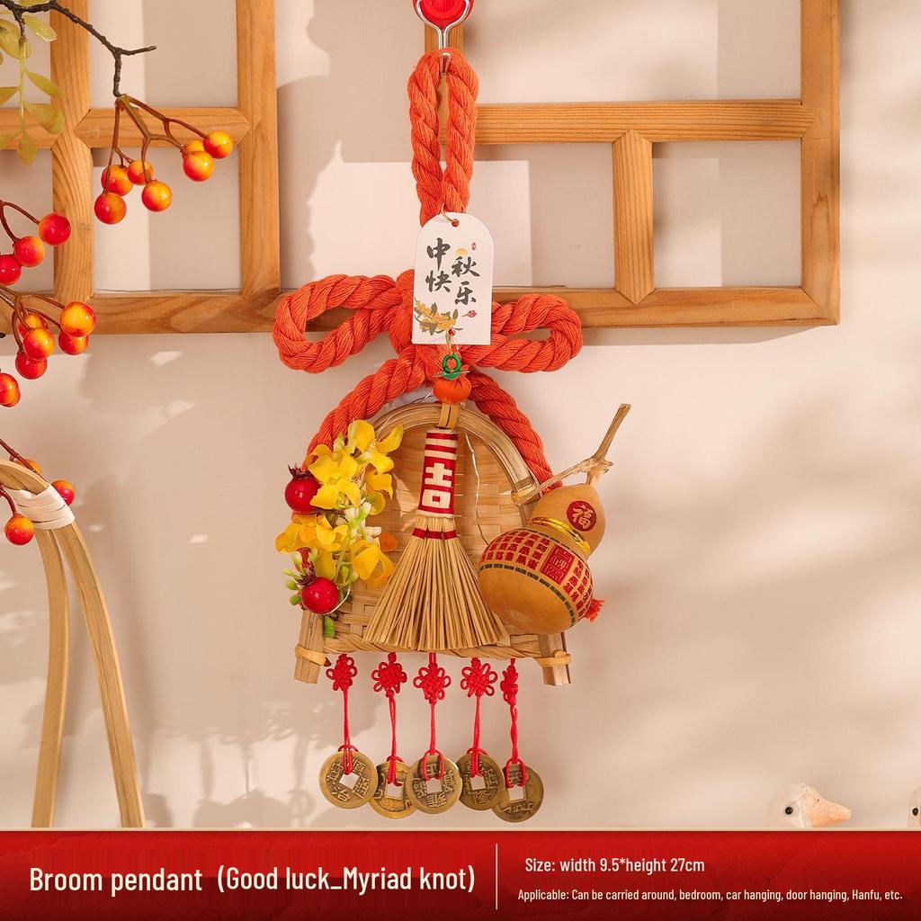 2025 Mid-Autumn Festival Broom Pendant with Wanzi Knot & Gourd Decor for Front Door