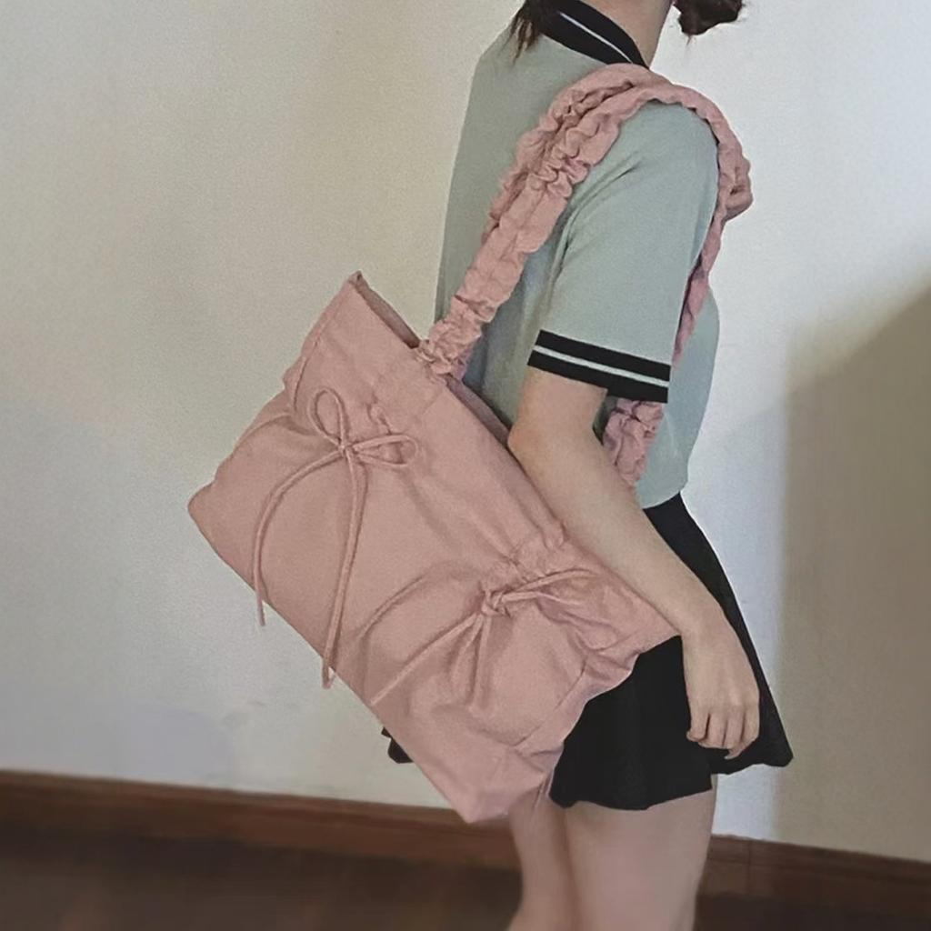 Han Suxi's same pleated bow drawstring bag for women's 2024 new trendy fashion Korean large-capacity tote bag