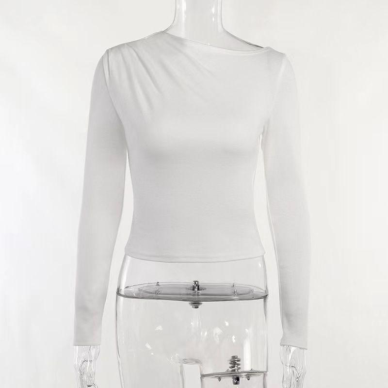 

Fashion Wind Fashion Elegant Diagonal Collar Pleated Base Long Sleeve Shirt Bottoming Long Sleeve Top White S