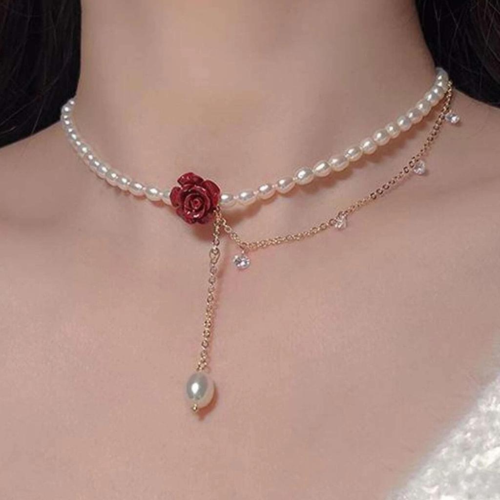 New, Vintage Red Rose Imitation Pearl Necklace Tassel Chain, Women's Necklace with Diamonds Women's