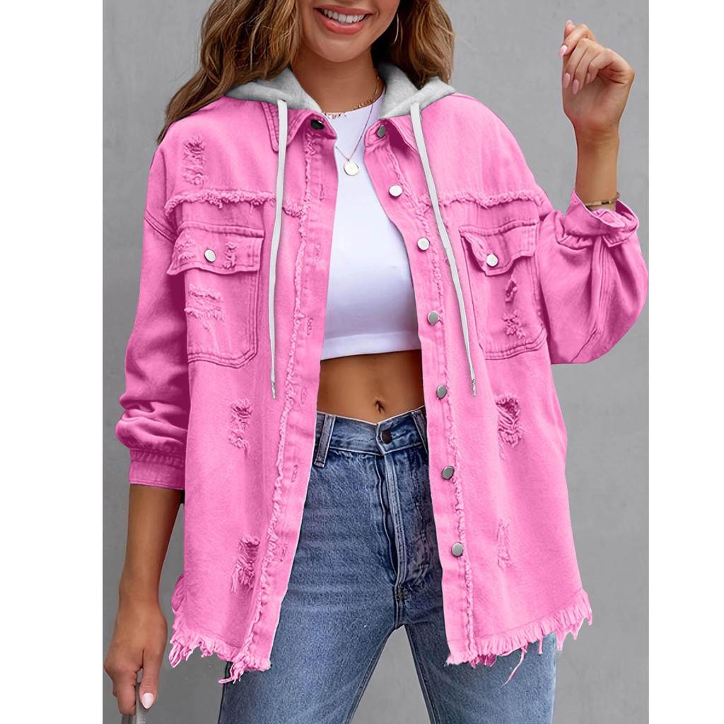 New Denim Hooded Jacket, Women's Solid Color Loose Jacket, Ripped Long-sleeved Women's Denim Shirt