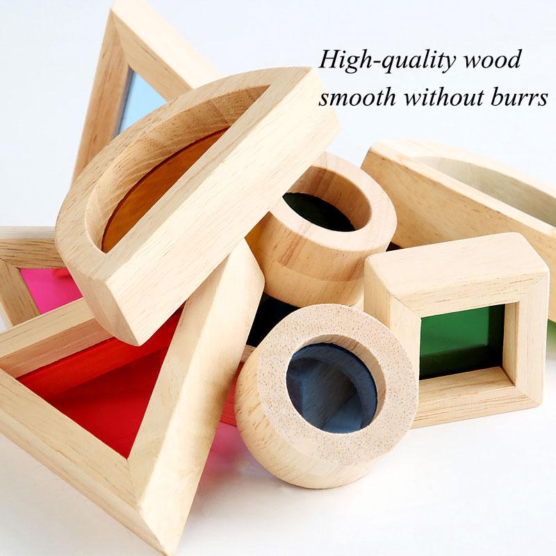 Montessori Transparent Shape Blocks Wooden Toys Rainbow Acrylic Color Cognitive Sensory Building Game Educational Toys for Kids