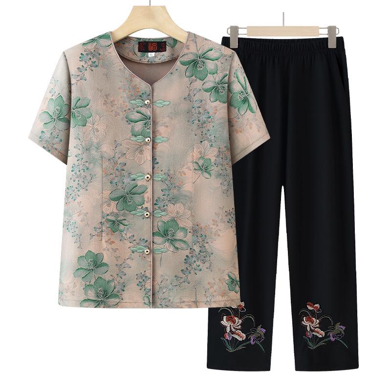 2026 New Floral Print Summer Cardigan Set for Middle-Aged and Elderly Women