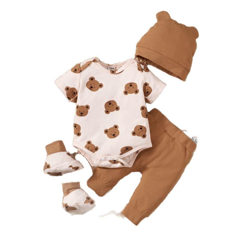 Korean-Style Cute Bear-Printed Outfit for Baby Boys: Top, Pants, Hat, and Booties—Casual 4-Piece Set 60(0-1M)